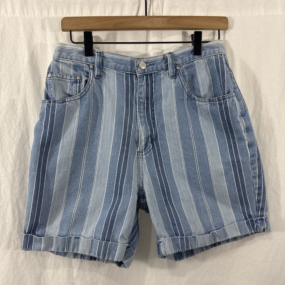 Gitano Vintage Womens Sz 12 Blue Striped Cotton Denim Shorts Y2K 90s